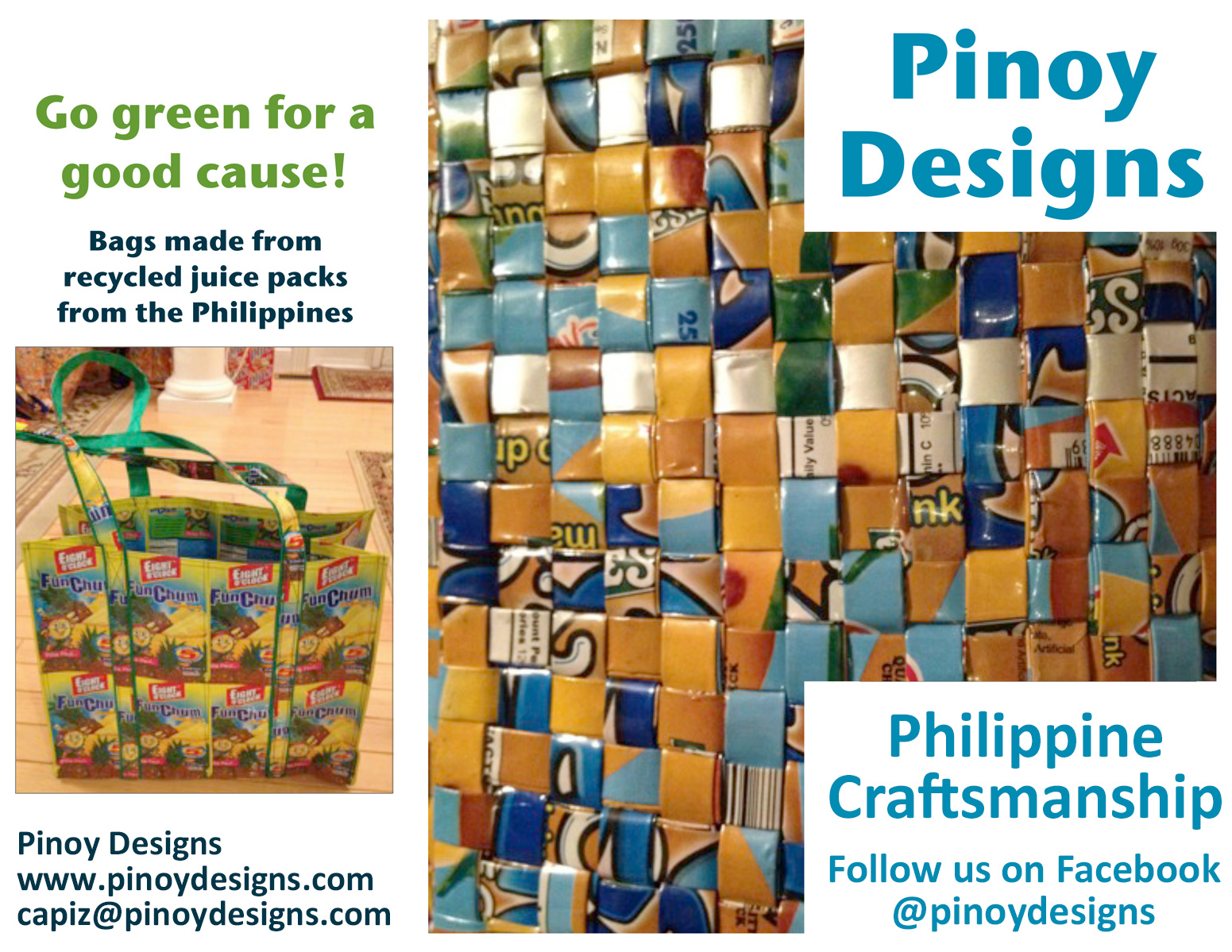 Bags made from recycled juice packs from the Philippines